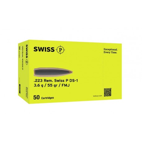 Swiss P Ammo, .223 Rem DS-1 FMJ, 3.6g/ 55gr. Box of 1000.